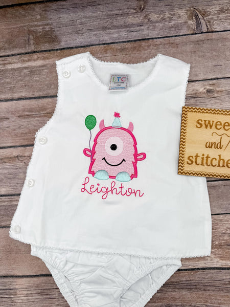 Monogrammed Baby Girl birthday monster Diaper Set, White Cake Smash Outfit with monster birthday design