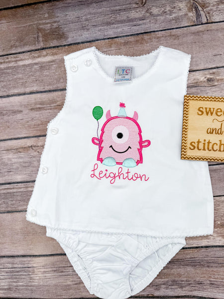 Monogrammed Baby Girl birthday monster Diaper Set, White Cake Smash Outfit with monster birthday design