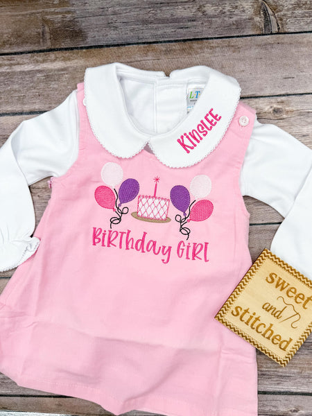 Baby girl monogrammed balloon birthday jumper dress, monogrammed girls birthday party outfit, monogrammed collar