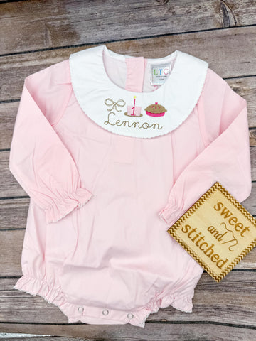 Baby girl monogrammed bishop bubble with pumpkin pie design, 1st birthday outfit, fall cake smash outfit, monogrammed baby girl outfit