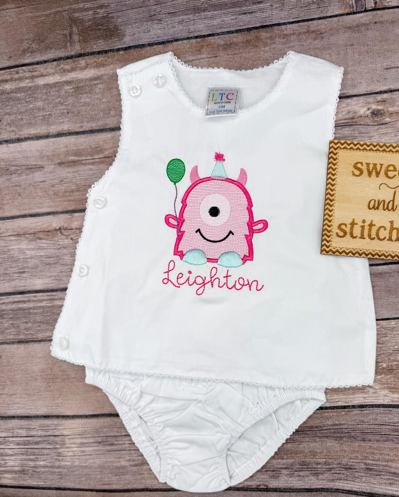Monogrammed Baby Girl birthday monster Diaper Set, White Cake Smash Outfit with monster birthday design