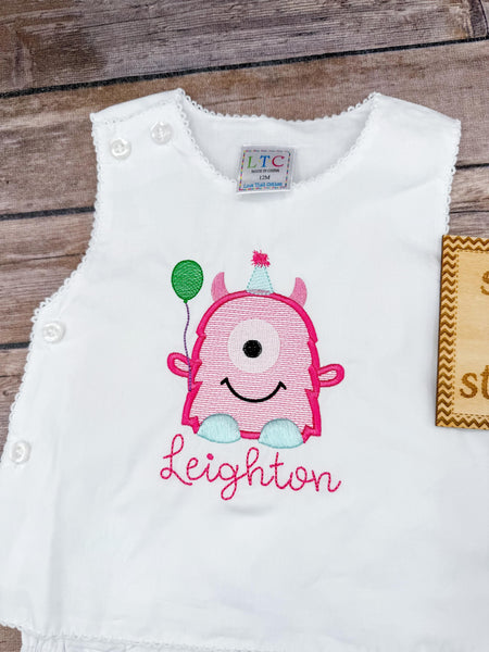 Monogrammed Baby Girl birthday monster Diaper Set, White Cake Smash Outfit with monster birthday design