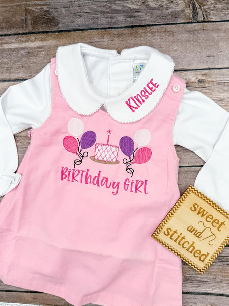 Baby girl monogrammed balloon birthday jumper dress, monogrammed girls birthday party outfit, monogrammed collar