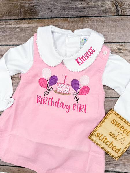 Baby girl monogrammed balloon birthday jumper dress, monogrammed girls birthday party outfit, monogrammed collar