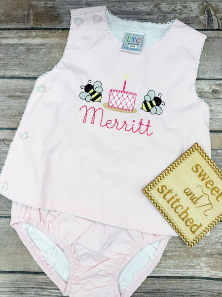 Monogrammed baby girl diaper set with bees and cake design, monogrammed birthday outfit, bee cake smash outfit, bloomer set