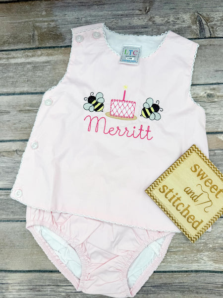 Monogrammed baby girl diaper set with bees and cake design, monogrammed birthday outfit, bee cake smash outfit, bloomer set