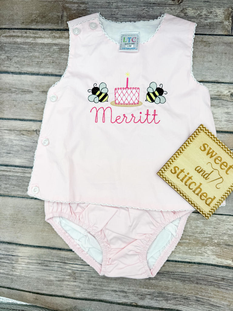 Monogrammed baby girl diaper set with bees and cake design, monogrammed birthday outfit, bee cake smash outfit, bloomer set