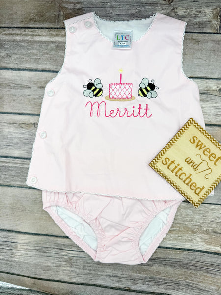 Monogrammed baby girl diaper set with bees and cake design, monogrammed birthday outfit, bee cake smash outfit, bloomer set