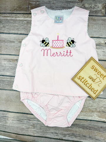 Monogrammed baby girl diaper set with bees and cake design, monogrammed birthday outfit, bee cake smash outfit, bloomer set