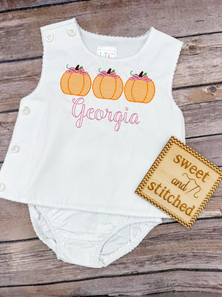 Monogrammed pumpkin baby girl diaper set with for fall in white with pumpkin bow design, monogrammed baby outfit, bloomer set, pumpkin patch