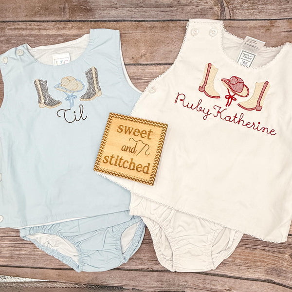 Monogrammed baby girl diaper set with cowgirl design, rodeo birthday outfit, cake smash outfit, monogrammed cowgirl bloomer set