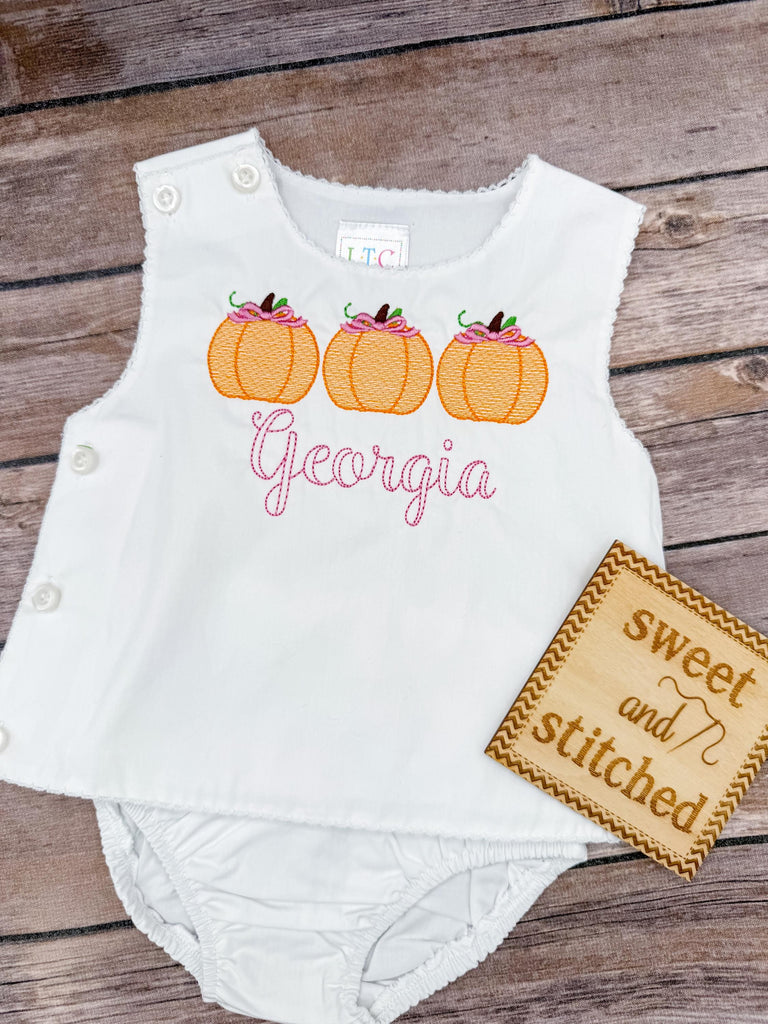 Monogrammed pumpkin baby girl diaper set with for fall in white with pumpkin bow design, monogrammed baby outfit, bloomer set, pumpkin patch