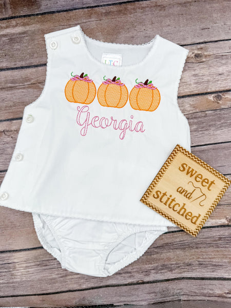Monogrammed pumpkin baby girl diaper set with for fall in white with pumpkin bow design, monogrammed baby outfit, bloomer set, pumpkin patch