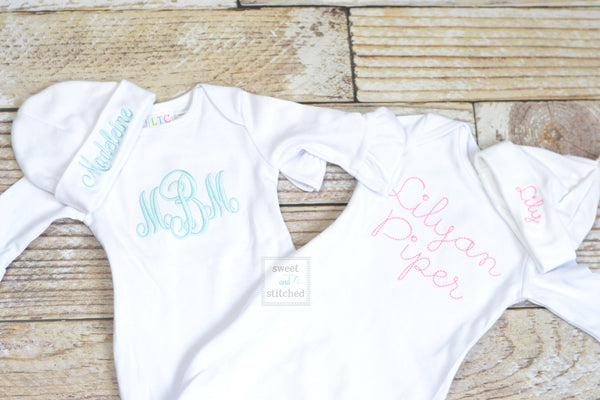 Baby girl monogrammed take home set in pink and white