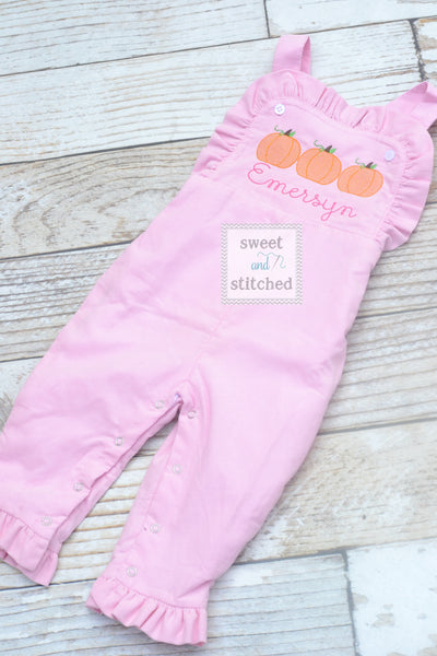 Baby girl monogrammed fall pumpkin overalls, monogrammed corduroy overalls, Pink Cord thanksgiving outfit, pumpkin patch