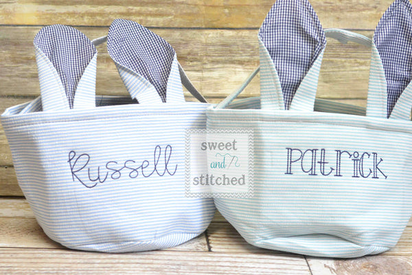 Monogrammed Easter baskets in pink, purple, green and blue seersucker