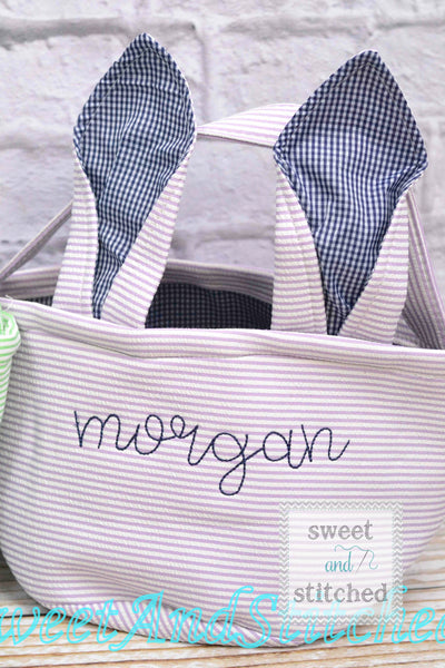 Monogrammed Easter baskets in pink, purple, green and blue seersucker