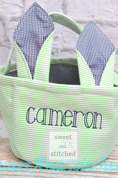 Monogrammed Easter baskets in pink, purple, green and blue seersucker