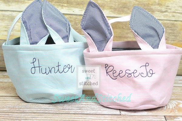Monogrammed Easter baskets in pink, purple, green and blue seersucker