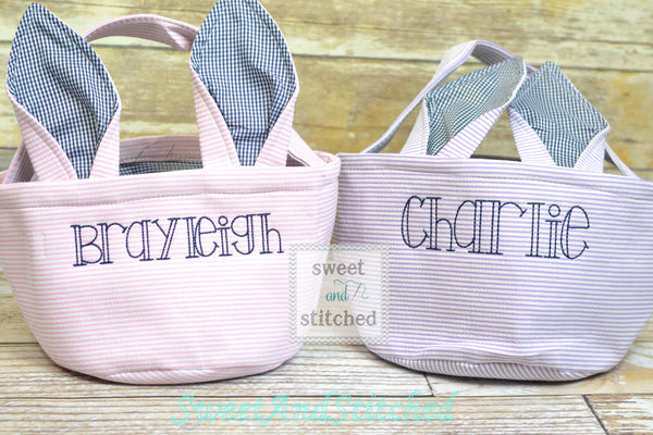Monogrammed Easter baskets in pink, purple, green and blue seersucker
