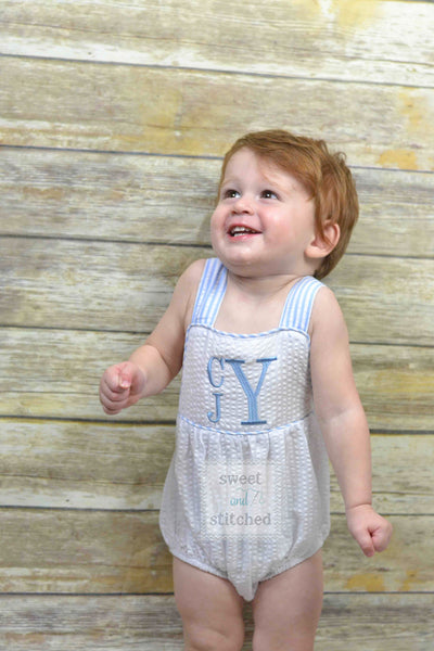 BLANK baby boy seersucker outfit, bubble romper sunsuit BLANK