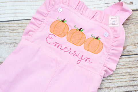 Baby girl monogrammed fall pumpkin overalls, monogrammed corduroy overalls, Pink Cord thanksgiving outfit, pumpkin patch