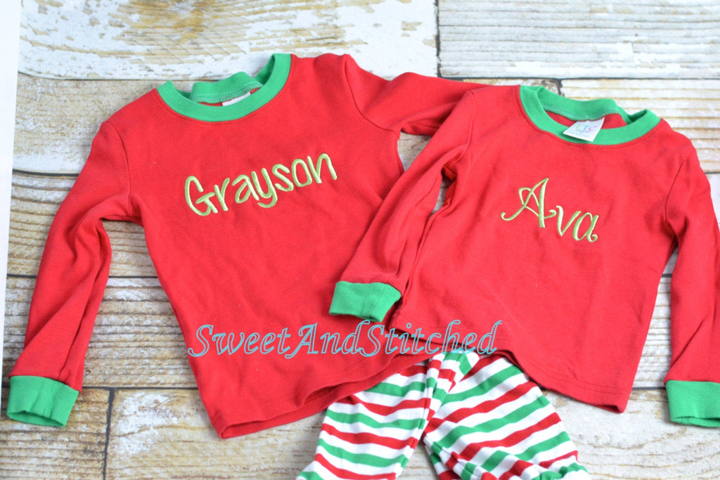 Red and Green Stripe Children's Holiday Monogram Name Pajama Set