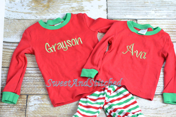 Kids Christmas Pajamas (Pjs, Jammies) in red and green stripe with name