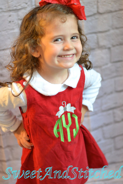 Monogrammed Christmas dress with holly design, Corduroy Christmas jumper dress