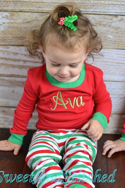 Kids Christmas Pajamas (Pjs, Jammies) in red and green stripe with name