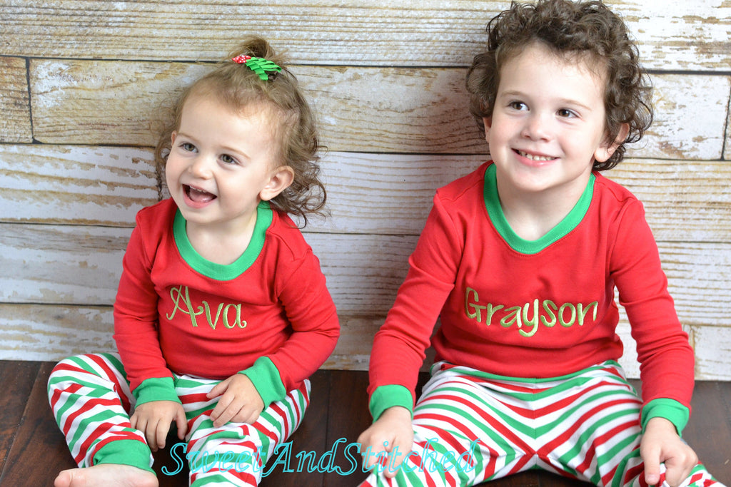 Kids Christmas Pajamas (Pjs, Jammies) in red and green stripe with name
