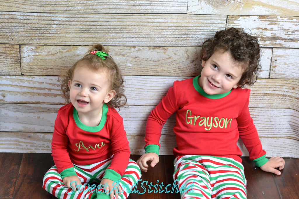 Red and Green Stripe Children's Holiday Monogram Name Pajama Set