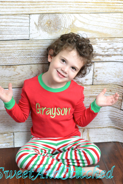 Kids Christmas Pajamas (Pjs, Jammies) in red and green stripe with name