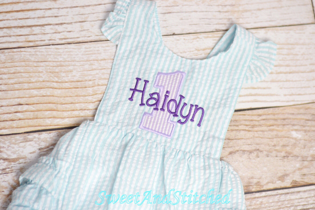 Monogrammed baby girl birthday bubble, birthday romper, 1st birthday outfit, personalized cake smash outfit, mermaid theme cake smash romper