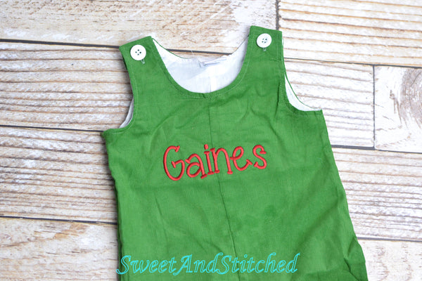 Monogrammed corduroy Christmas overalls or romper with your choice of design, name or monogram
