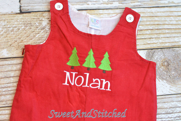 Personalized Baby Boy Christmas outfit - red corduroy monogrammed Christmas overalls