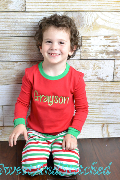 Kids Christmas Pajamas (Pjs, Jammies) in red and green stripe with name