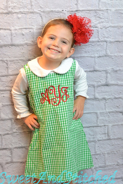 Girls monogrammed St. Patrick&#39;s day outfit, jumper style toddler Easter outfit, baby girl monogrammed green gingham jumper dress