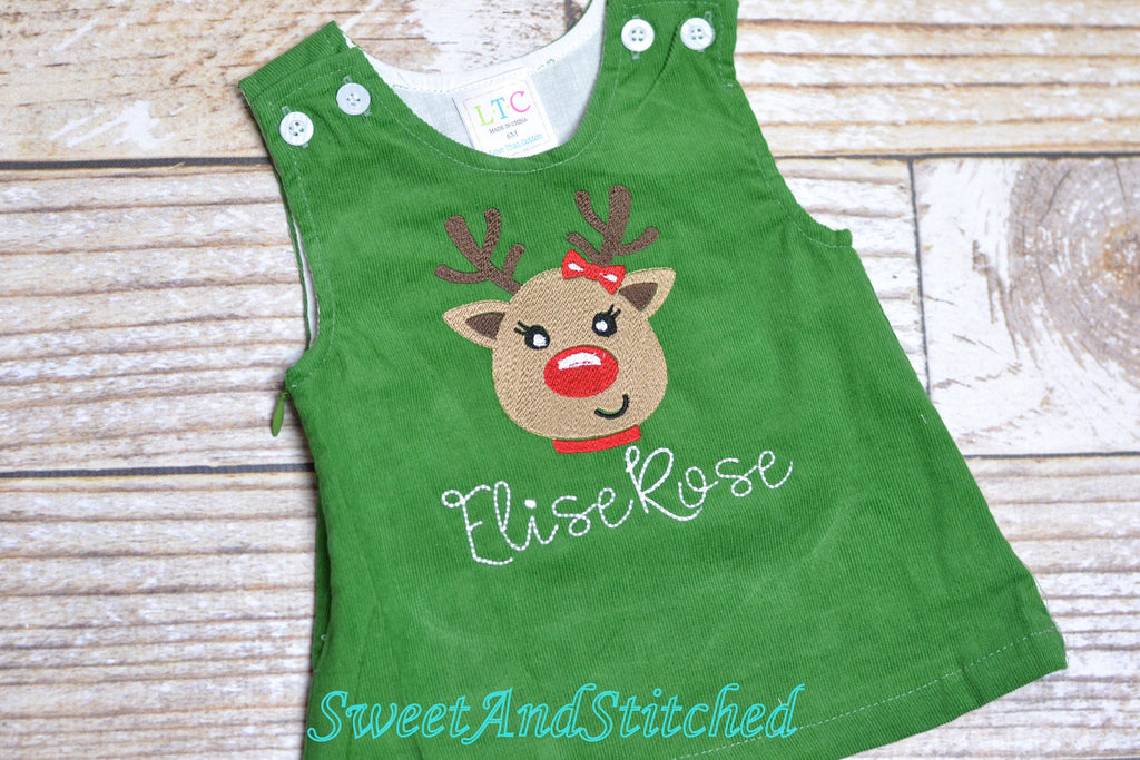 Girls Reindeer dress - Monogrammed Christmas Dress - Corduroy Christma Sweet and Stitched Girls Reindeer dress - Monogrammed Christmas Dress - Corduroy Christma Sweet and Stitched