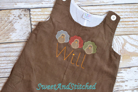 Baby Boy thanksgiving outfit with turkeys and name in vintage style, boys corduroy overalls personalized