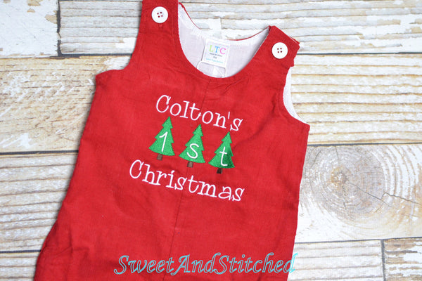 Personalized Baby Boy 1st Christmas outfit - monogrammed Christmas corduroy overalls