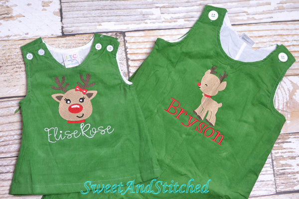 Girls Reindeer dress - Monogrammed Christmas Dress - Corduroy Christmas jumper dress - baby girl christmas outfit