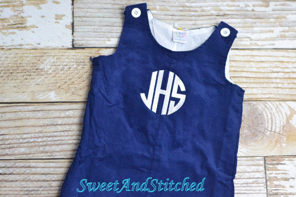 Monogrammed corduroy birthday outfit in navy with number and name, boys winter wonderland 1st birthday outfit