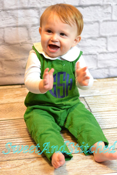 Monogrammed corduroy overalls or romper with your navy monogram, baby boy holiday outfit