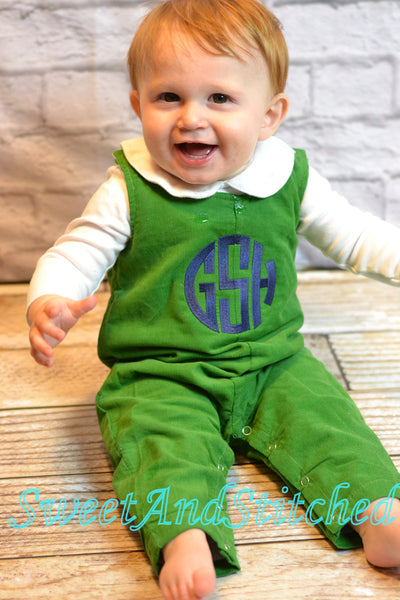 Monogrammed corduroy overalls or romper with your navy monogram, baby boy holiday outfit