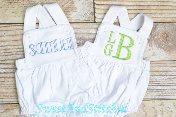 Monogrammed baby boy bubble, personalized boys baptism outfit