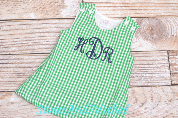 Girls monogrammed St. Patrick&#39;s day outfit, jumper style toddler Easter outfit, baby girl monogrammed green gingham jumper dress