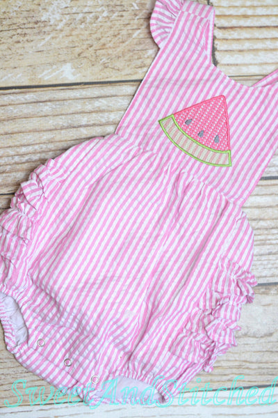 Monogrammed baby girl ruffle bubble with watermelons in pink and aqua, summer watermelon outfit