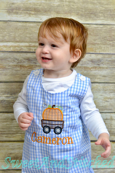 Personalized Boys Pumpkin outfit with pumpkin wagon design and name - Baby Boy fall, halloween