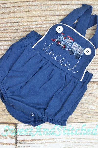 Monogrammed baby boy train outfit, monogrammed boys romper